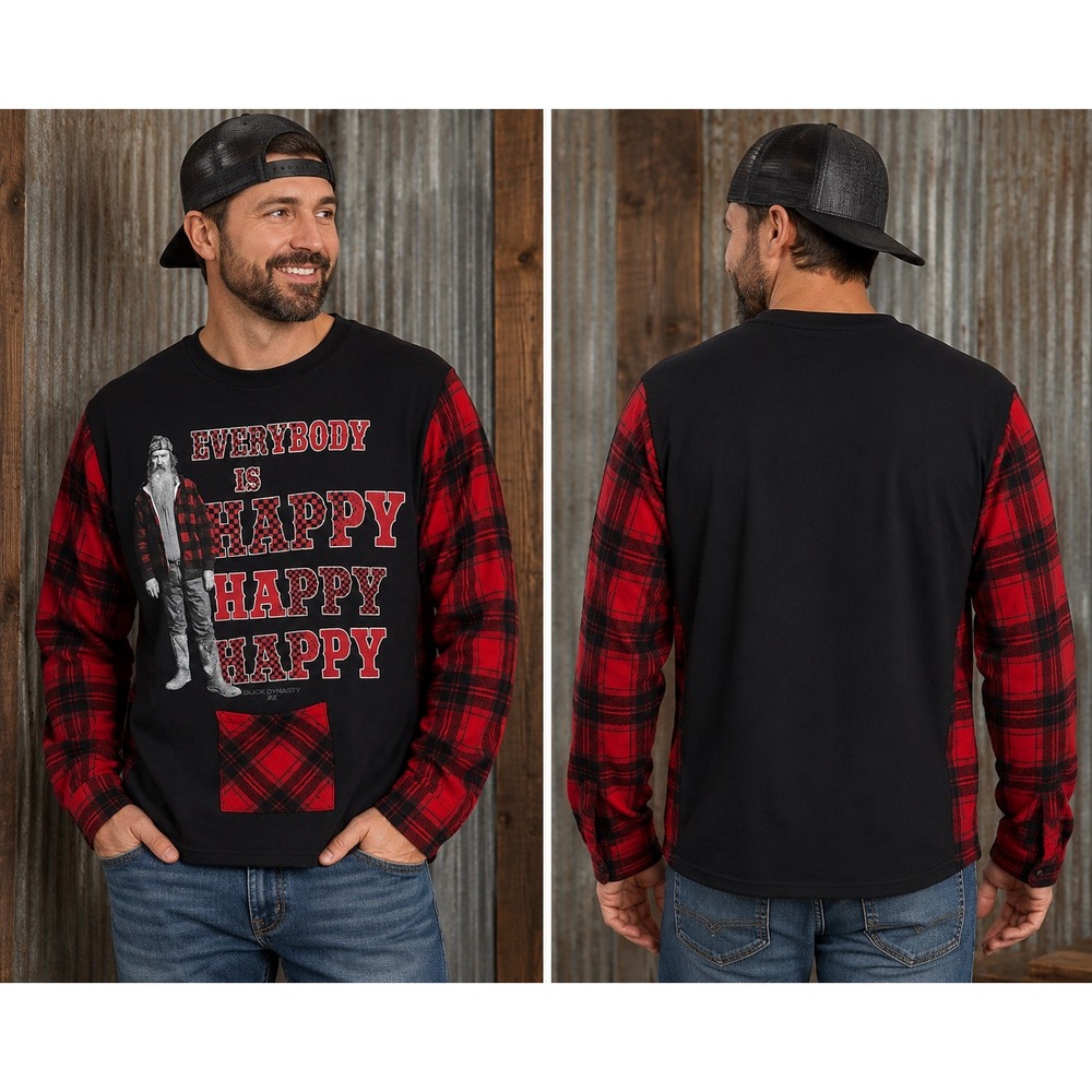 Upcycled Duck Dynasty Happy Happy Happy Flannel Mixed Media Graphic Top XL